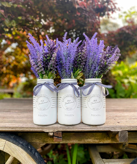 Lavender Large 3 Set Mason Jars With Gingham Check Ribbon