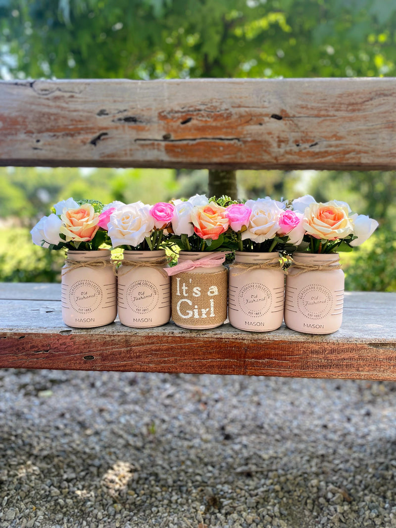 Girl Baby Shower Roses, Tulips Small Blush Pink & Burnt Orange 5 Set Mason Jars with Ribbon and Twine