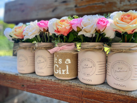 Girl Baby Shower Roses, Tulips Small Blush Pink & Burnt Orange 5 Set Mason Jars with Ribbon and Twine