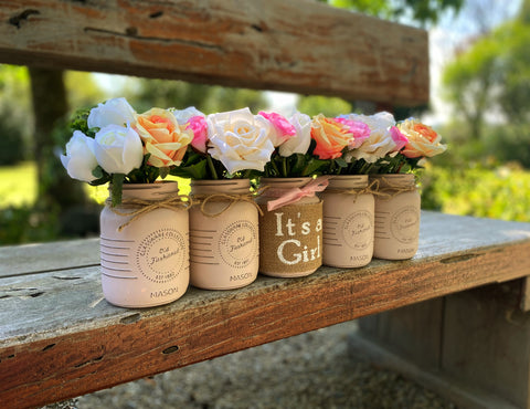 Girl Baby Shower Roses, Tulips Small Blush Pink & Burnt Orange 5 Set Mason Jars with Ribbon and Twine