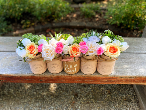 Girl Baby Shower Roses, Tulips Small Blush Pink & Burnt Orange 5 Set Mason Jars with Ribbon and Twine