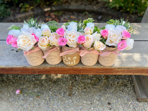 Girl Baby Shower Roses, Tulips Small Blush Pink 5 Set Mason Jars with Pink Polka Dot Ribbon