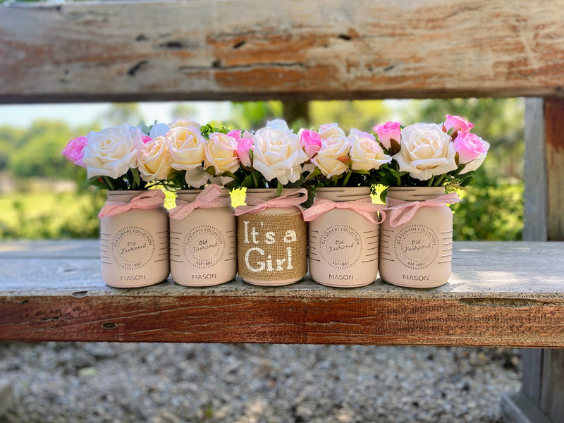 Girl Baby Shower Roses, Tulips Small Blush Pink 5 Set Mason Jars with Pink Polka Dot Ribbon