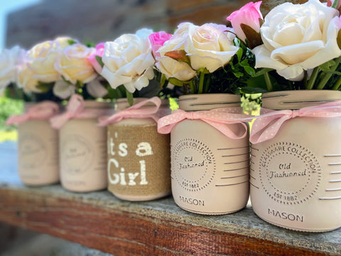 Girl Baby Shower Roses, Tulips Small Blush Pink 5 Set Mason Jars with Pink Polka Dot Ribbon