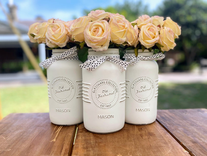 Blush Pink Roses Large White 3 Set Mason Jars