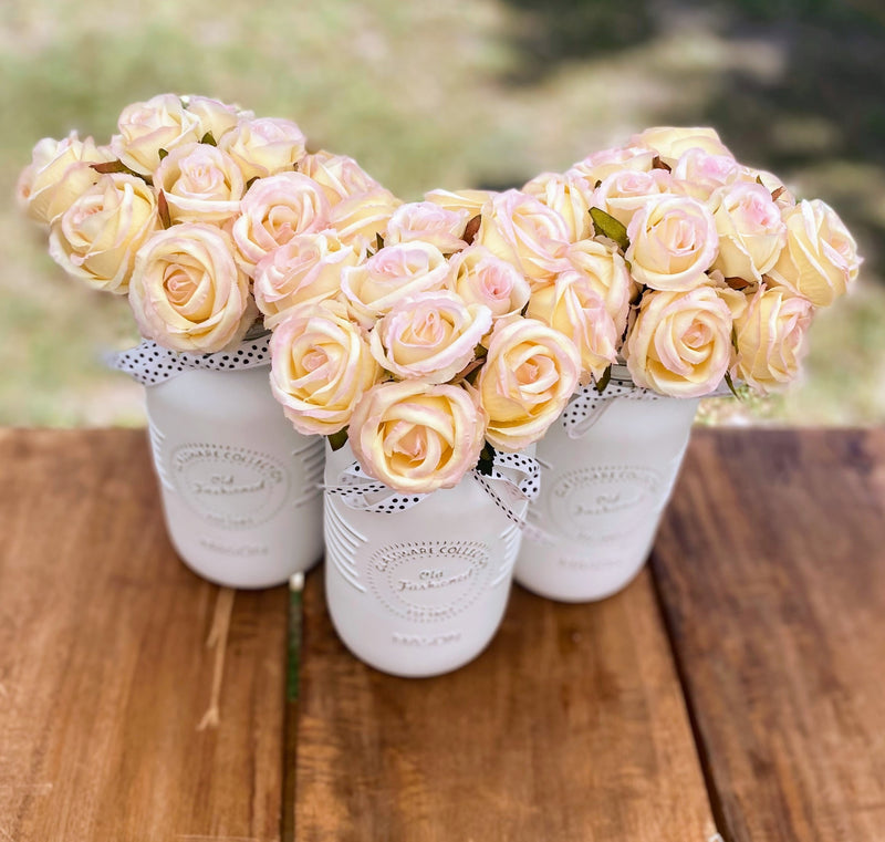 Blush Pink Roses Large White 3 Set Mason Jars