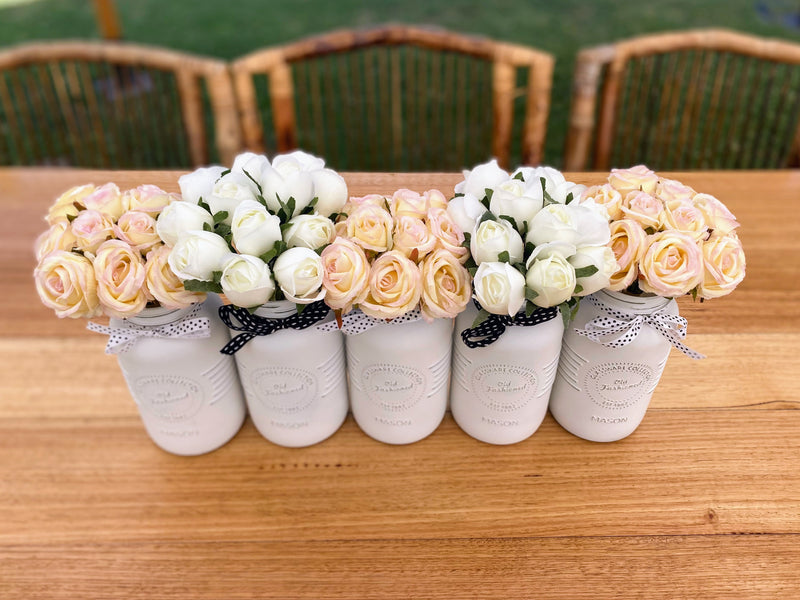 Blush Pink and White Tulips Large White 5 Set Mason Jars