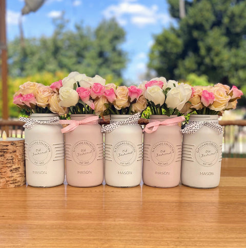 Girl Baby Shower Pink Roses Large 5 Set Mason Jars in Blush Pink and Linen White