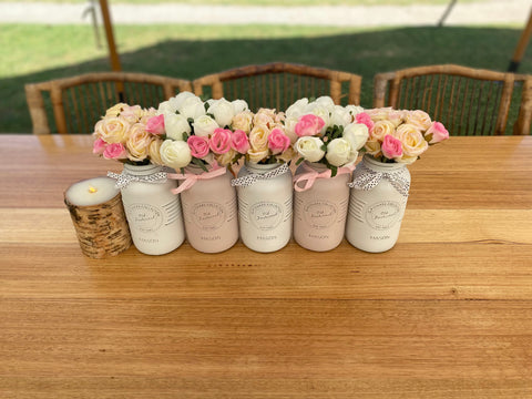 Girl Baby Shower Pink Roses Large 5 Set Mason Jars in Blush Pink and Linen White