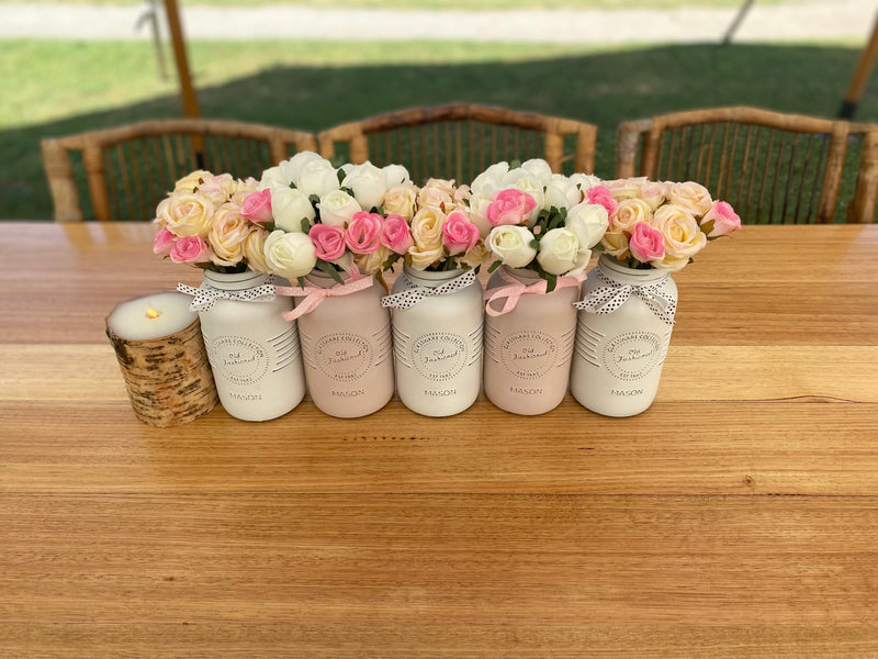Girl Baby Shower Pink Roses Large 5 Set Mason Jars in Blush Pink and Linen White