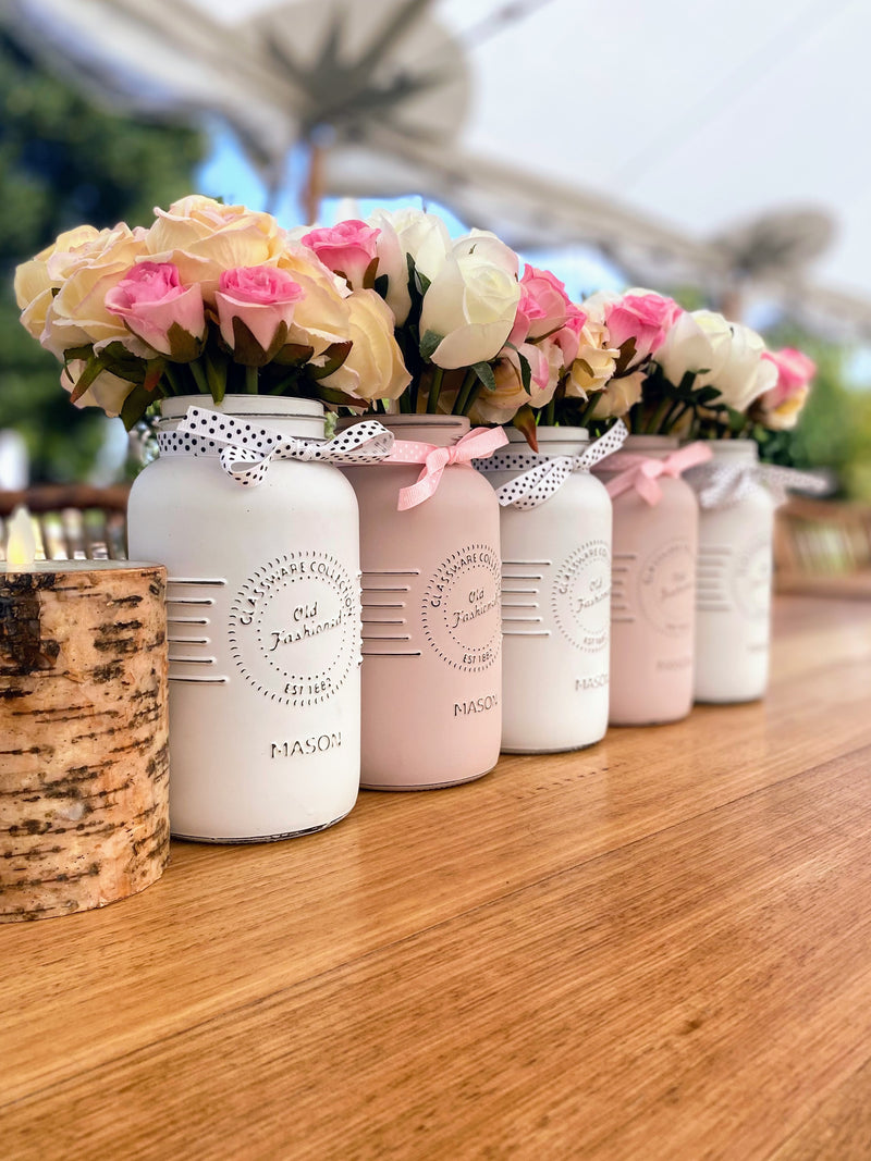 Girl Baby Shower Pink Roses Large 5 Set Mason Jars in Blush Pink and Linen White