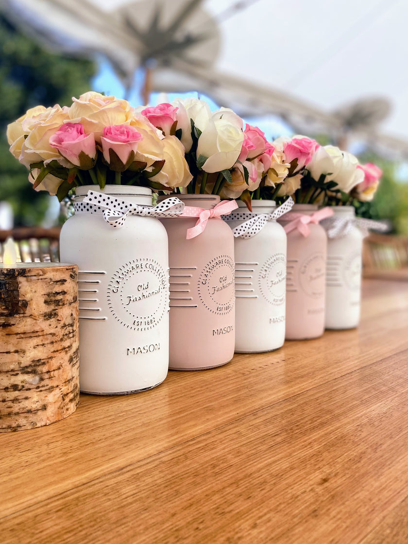 Girl Baby Shower Pink Roses Large 5 Set Mason Jars in Blush Pink and Linen White