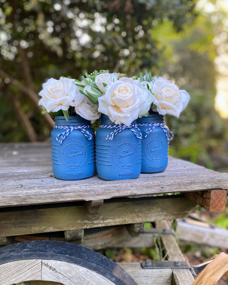 Boy Baby Shower Roses, Tulips Small Blue 3 Set Mason Jars with Blue and White Twine
