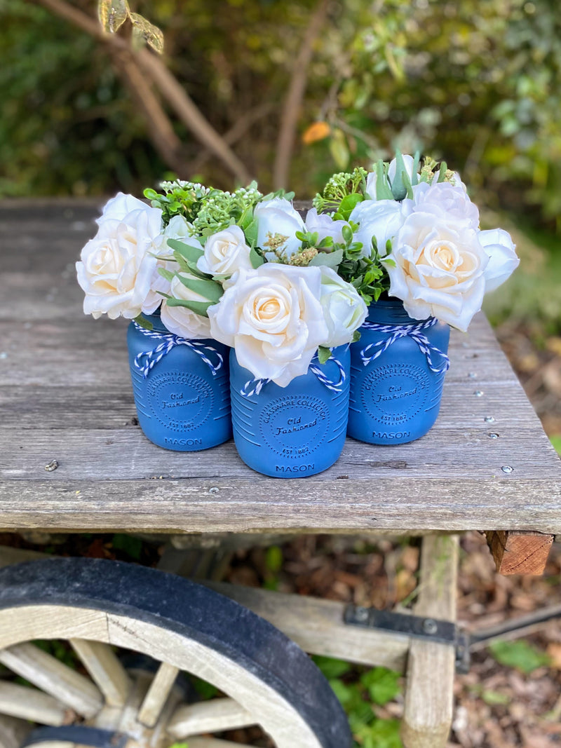 Boy Baby Shower Roses, Tulips Small Blue 3 Set Mason Jars with Blue and White Twine