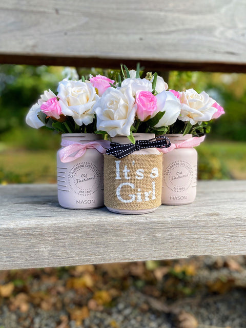 Girl Baby Shower Roses, Tulips Small Blush Pink 3 Set Mason Jars with Grosgrain Stitch Ribbon
