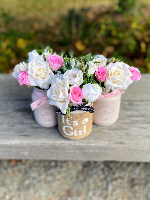 Girl Baby Shower Roses, Tulips Small Blush Pink 3 Set Mason Jars with Grosgrain Stitch Ribbon