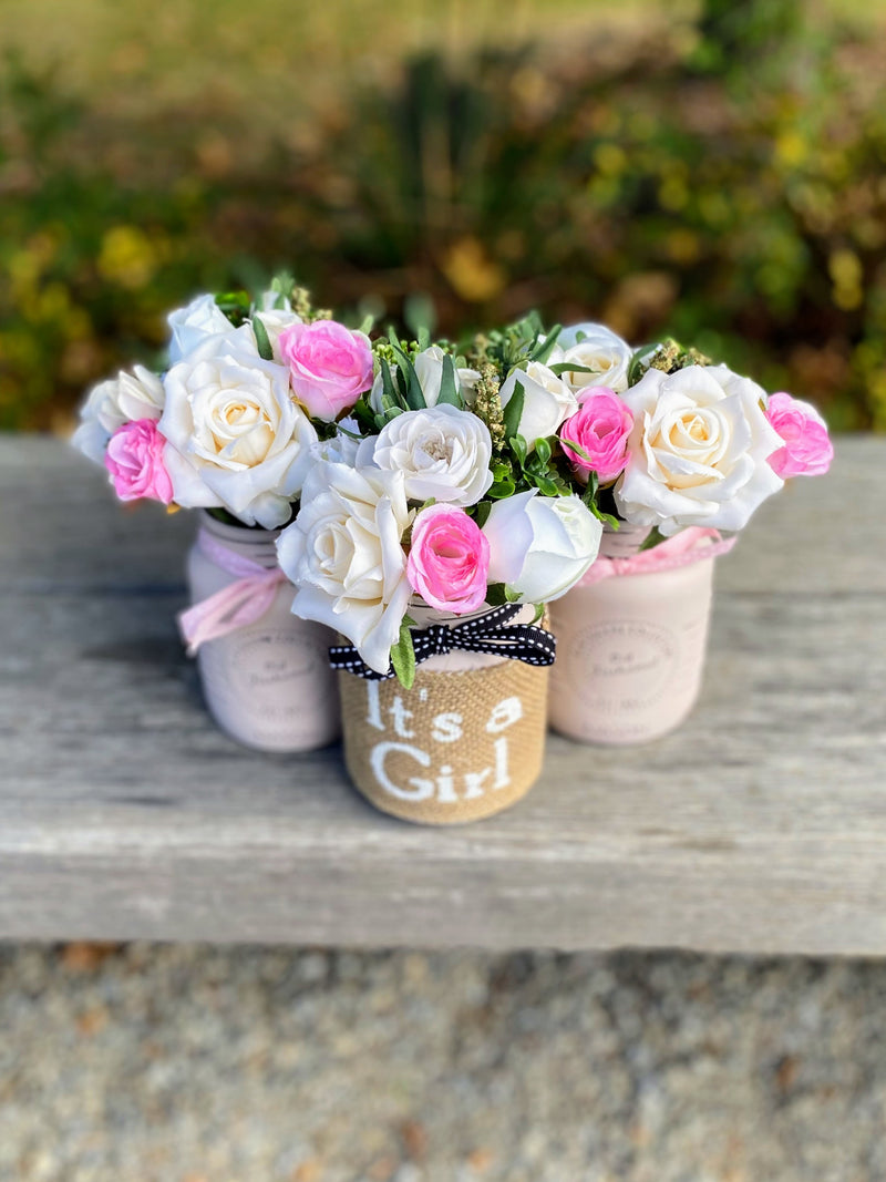 Girl Baby Shower Roses, Tulips Small Blush Pink 3 Set Mason Jars with Grosgrain Stitch Ribbon