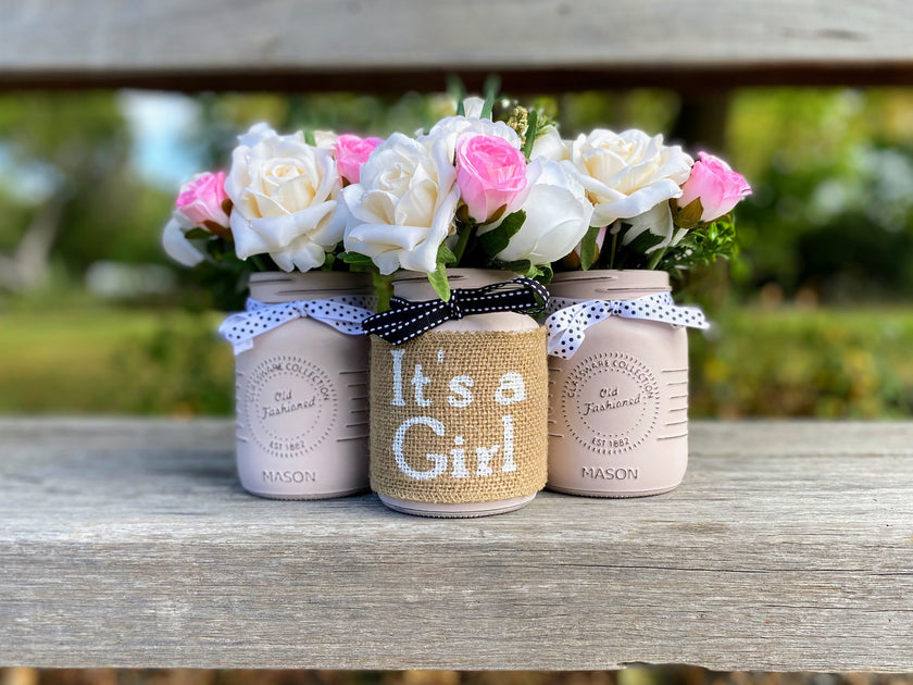 Girl Baby Shower Roses, Tulips Small Blush Pink 3 Set Mason Jars with White Polka Dot Ribbon