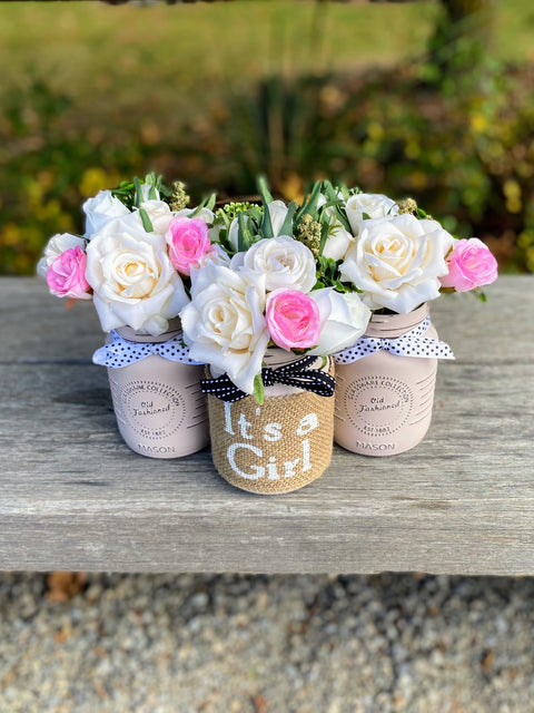 Girl Baby Shower Roses, Tulips Small Blush Pink 3 Set Mason Jars with White Polka Dot Ribbon