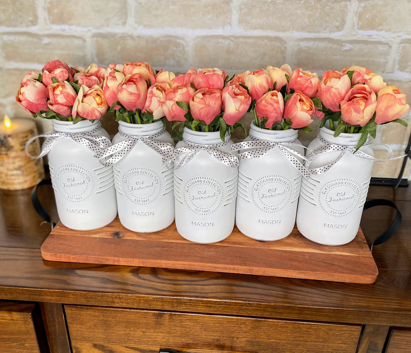 Pink Tulips Large White 5 Set Mason Jars