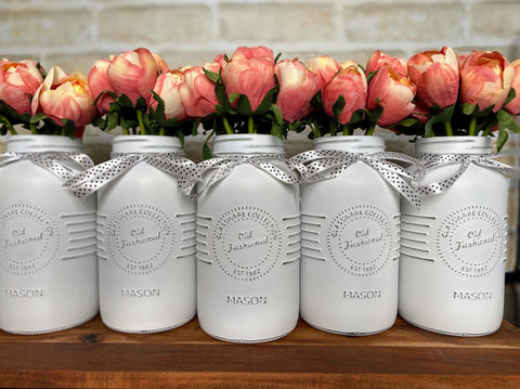 Pink Tulips Large White 5 Set Mason Jars