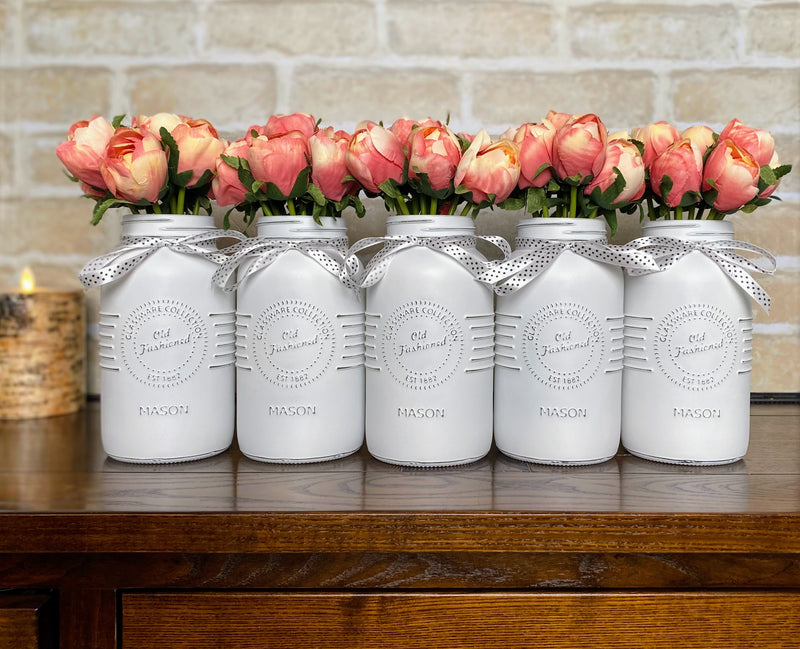 Pink Tulips Large White 5 Set Mason Jars