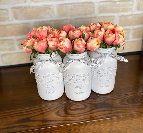 Pink Tulips Large White 3 Set Mason Jars