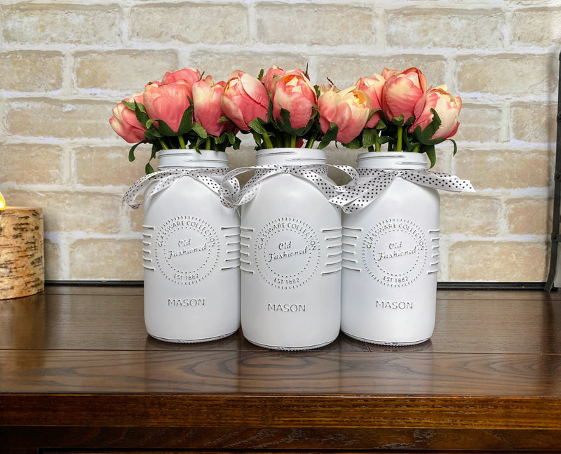 Pink Tulips Large White 3 Set Mason Jars