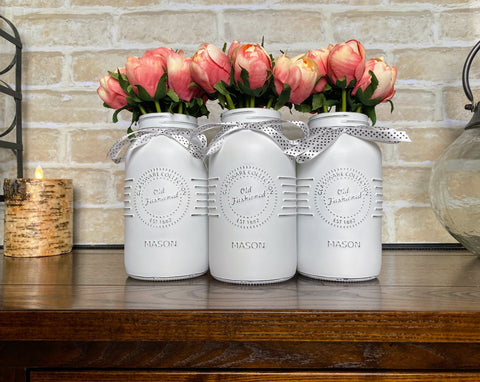 Pink Tulips Large White 3 Set Mason Jars