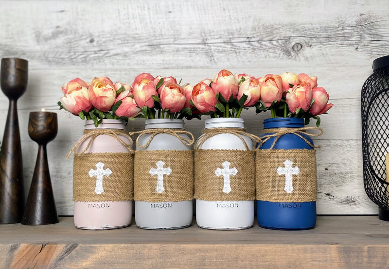 Pink Tulips With 4 Large Mason Jar Cross