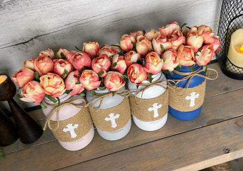 Pink Tulips With 4 Large Mason Jar Cross
