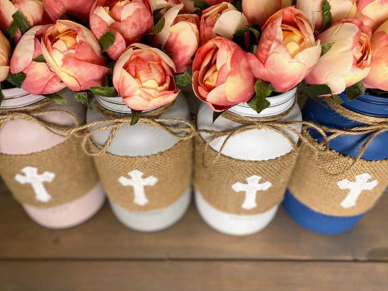 Pink Tulips With 4 Large Mason Jar Cross