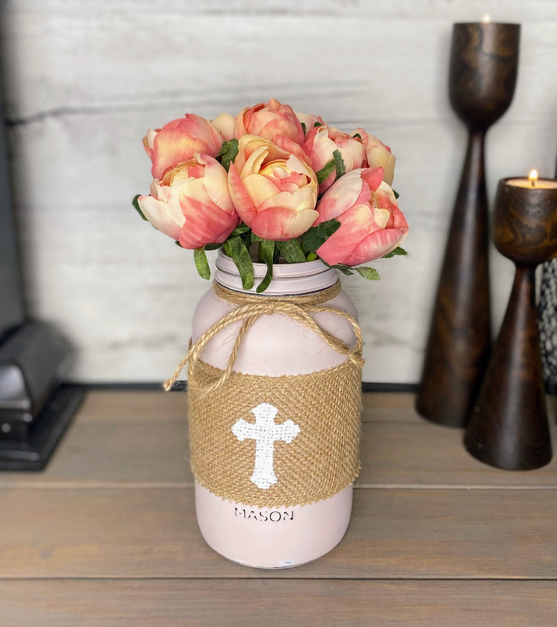 Pink Tulips With Large Pink Mason Jar Cross
