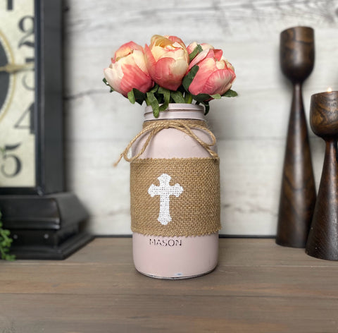 Pink Tulips With Large Pink Mason Jar Cross