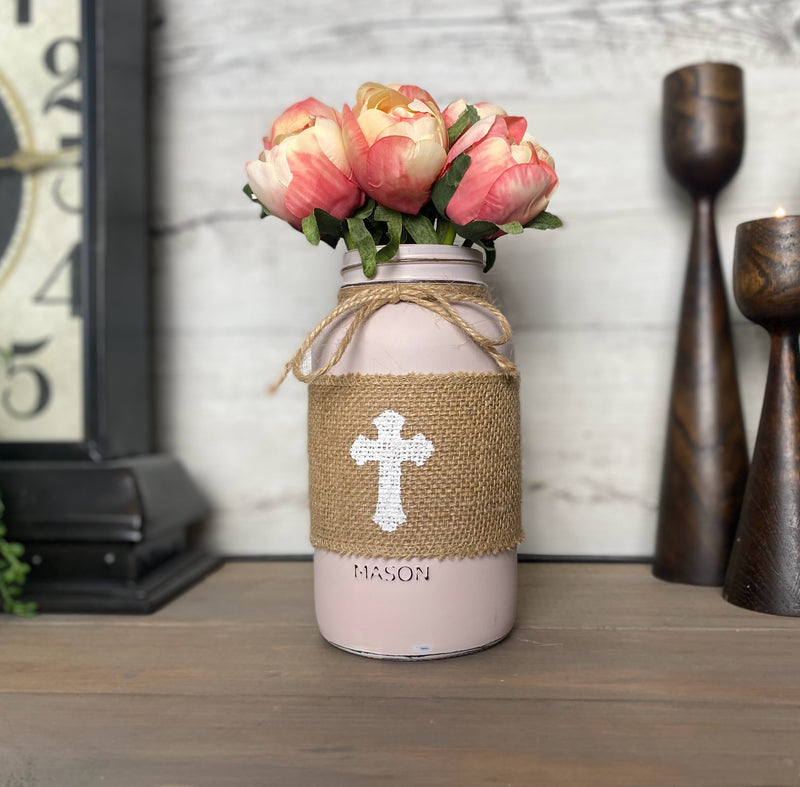 Pink Tulips With Large Pink Mason Jar Cross