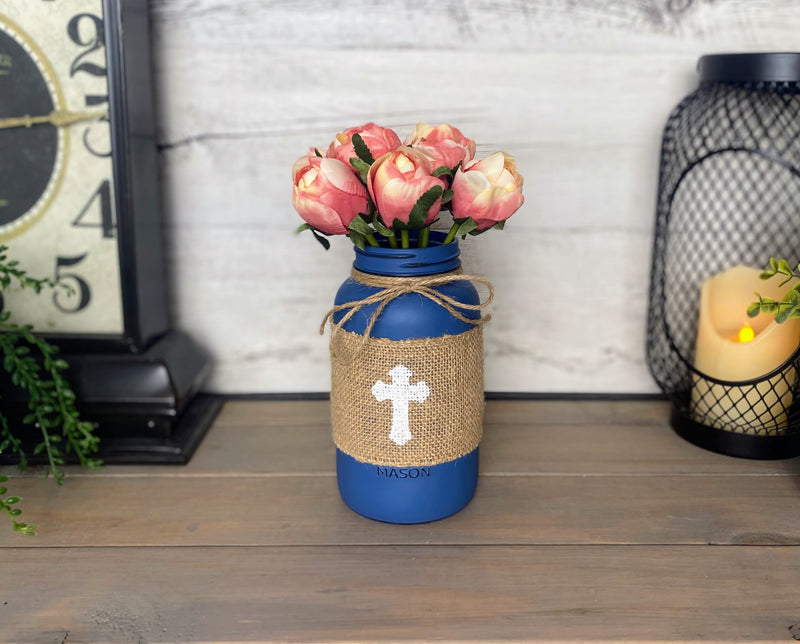 Pink Tulips With Large Blue Mason Jar Cross