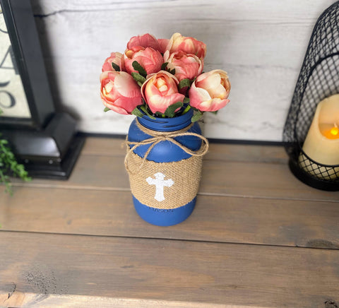 Pink Tulips With Large Blue Mason Jar Cross
