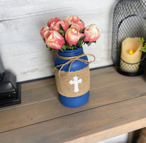 Pink Tulips With Large Blue Mason Jar Cross