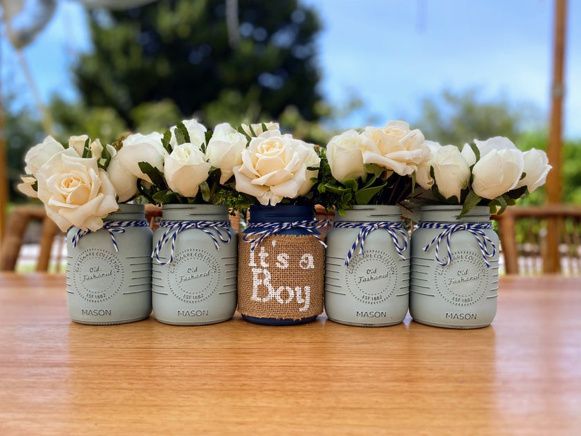 Boy Baby Shower Roses, Tulips Small Blue 5 Set Mason Jars with Blue and White Twine
