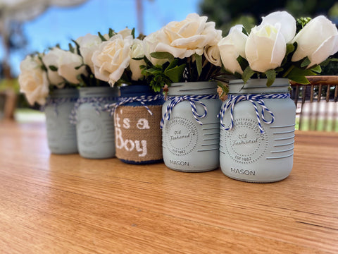 Boy Baby Shower Roses, Tulips Small Blue 5 Set Mason Jars with Blue and White Twine