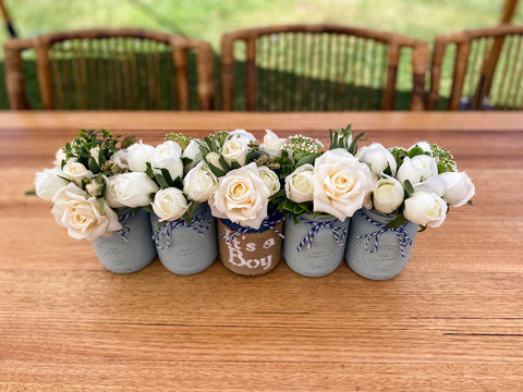 Boy Baby Shower Roses, Tulips Small Blue 5 Set Mason Jars with Blue and White Twine
