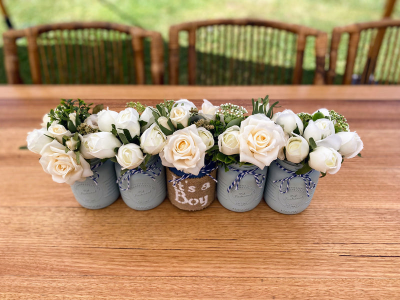 Boy Baby Shower Roses, Tulips Small Blue 5 Set Mason Jars with Blue and White Twine