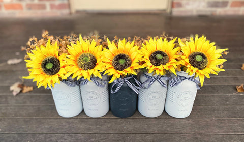 Sunflowers Large White and Grey 5 Set Mason Jars