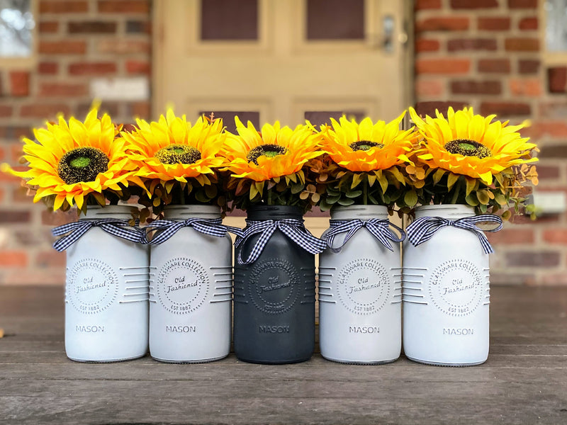 Sunflowers Large White and Grey 5 Set Mason Jars