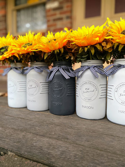 Sunflowers Large White and Grey 5 Set Mason Jars