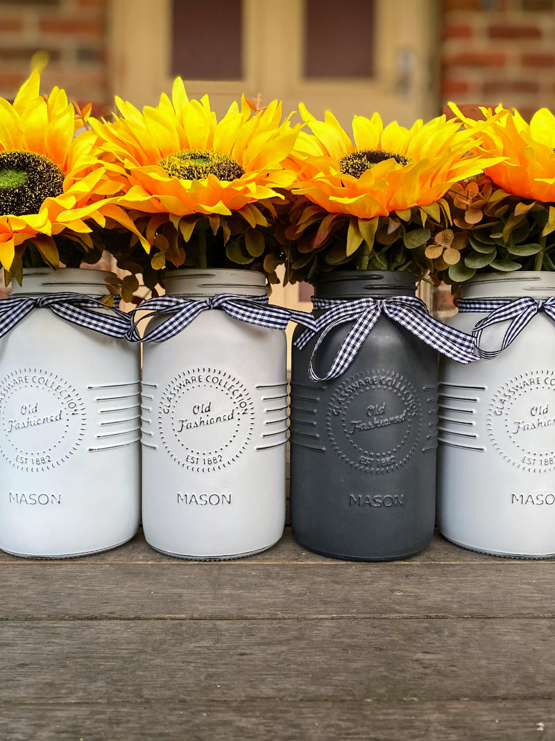 Sunflowers Large White and Grey 5 Set Mason Jars