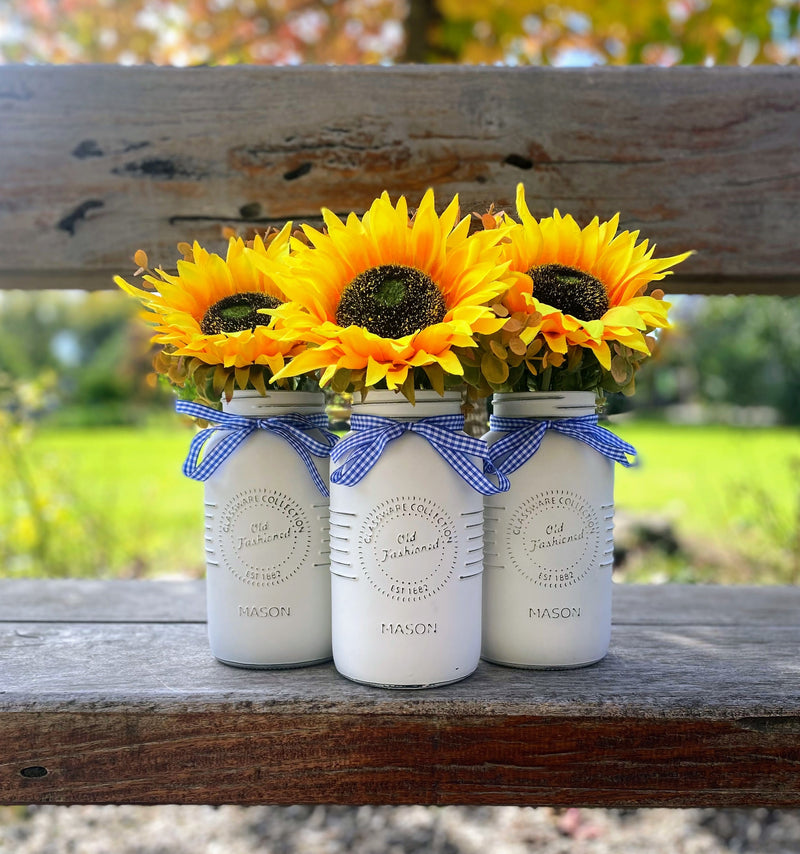 Sunflowers Large White 3 Set Mason Jars