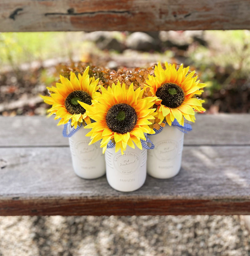 Sunflowers Large White 3 Set Mason Jars