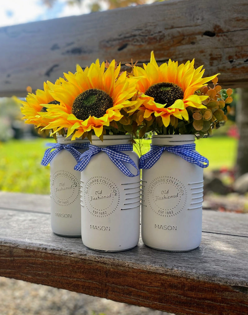 Sunflowers Large White 3 Set Mason Jars