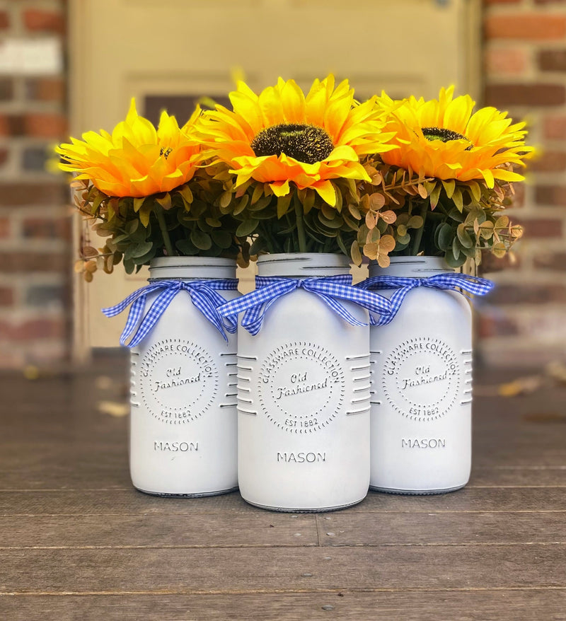 Sunflowers Large White 3 Set Mason Jars